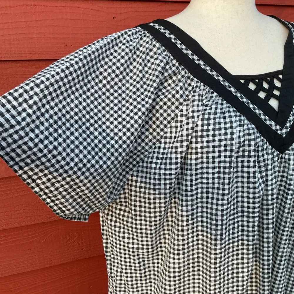Vintage Womens Gingham Dress 3X Black White Lattice Prairie Southwestern Muumuu
